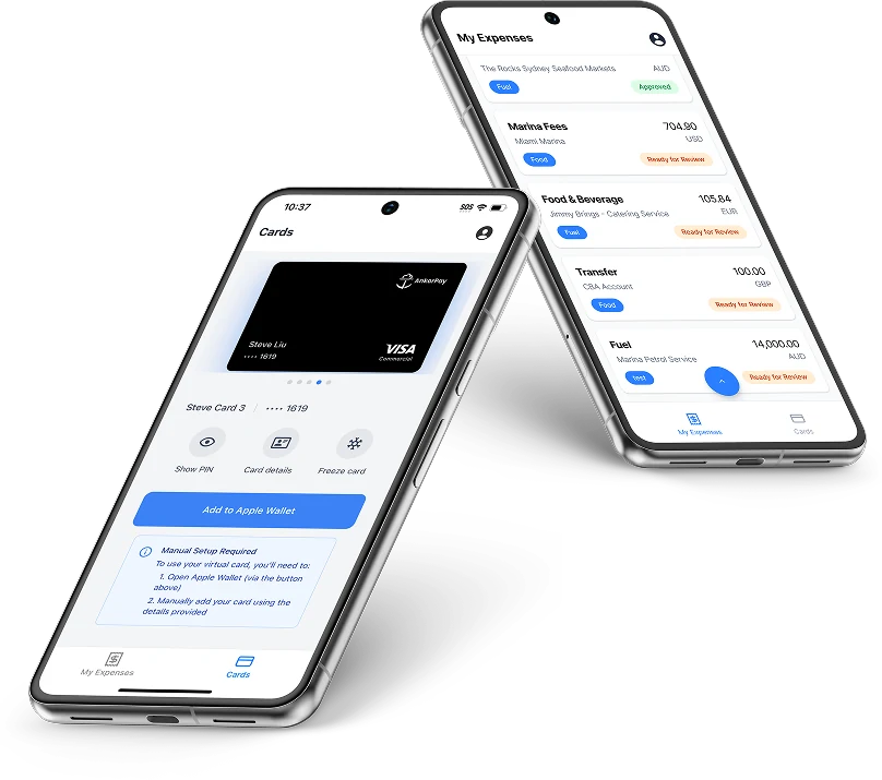 AnkorPay mobile app showing a virtual card and recent expenses
